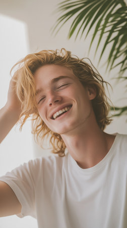 A young woman with long, wavy hair smiles confidently while posing in a bright room filled with green plants. Natural light highlights her cheerful expression and relaxed vibe.の素材