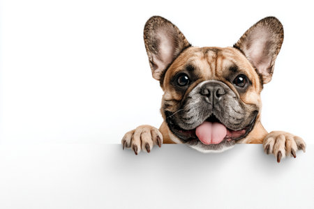 A cheerful French bulldog shows its face while peeking over a flat surface in a bright, simple setting. Its ears are perked up, and it looks playful and friendly.の素材