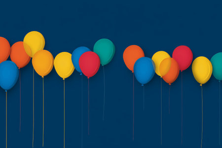 Bright yellow, blue, green, orange, and red balloons hang in a vibrant arrangement, creating a cheerful atmosphere ideal for parties and celebrations.の素材