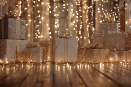 Wrapped gifts are displayed on a wooden floor, illuminated by soft lights. The atmosphere feels warm and festive, perfect for holiday celebrations.の素材