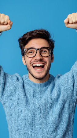 A young man with glasses is smiling widely, raising his arms in excitement against a bright blue backdrop. He wears a knit sweater and looks very happy.の素材