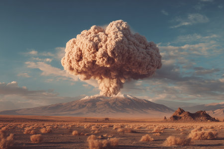 A volcano erupts dramatically, sending a huge ash cloud into the sky. The surrounding barren land is illuminated by the warm glow of sunset, showcasing a stark yet captivating scene.の素材
