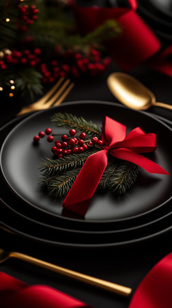 A black plate sits elegantly on a dark surface, adorned with a sprig of green pine and red berries, surrounded by festive decorations and golden cutlery.の素材