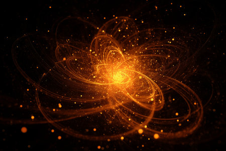 Bright golden particles swirl and spiral in a mesmerizing display, creating a cosmic scene that evokes a sense of wonder and movement. This artwork captures the beauty of space.の素材