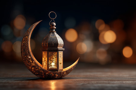 A beautifully designed lantern rests on a crescent moon, glowing warmly. The background features soft bokeh lights, creating a magical and festive night mood.の素材