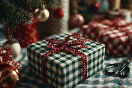 A beautifully wrapped green and white checkered gift sits on a table surrounded by holiday decorations. Red ornaments and a Christmas tree create a festive atmosphere.の素材