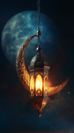 A beautifully crafted lantern features a glowing crescent moon inside, set amid lush greenery in a tranquil forest during twilight hours.の素材