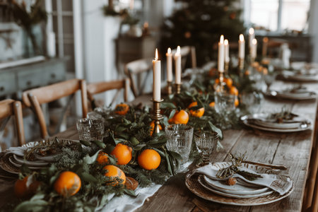 A beautifully set dining table is adorned with fresh oranges and greenery. Candles create a warm glow, adding to the festive atmosphere for a holiday gathering in a cozy space.の素材
