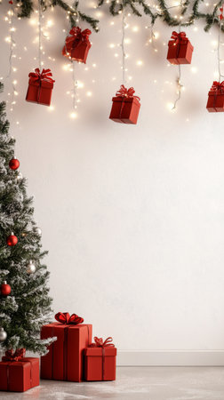 A beautifully decorated Christmas tree stands in a warm indoor space. Red presents hang above, enhancing the holiday spirit with lights twinkling in the background.の素材