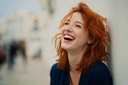 Bright smile on the face of a woman with red hair as she stands outdoors in a sunny environment. The vibrant background includes hints of palm trees and white buildings.の素材