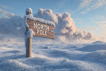 Snow blankets the landscape at North Pole, where a wooden signpost stands proudly. Majestic mountains rise in the background under a bright sky, creating a serene winter scene.の素材