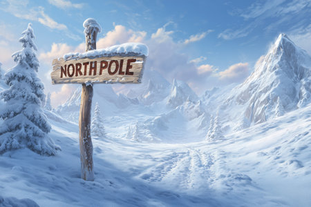 Snow blankets the landscape at North Pole, where a wooden signpost stands proudly. Majestic mountains rise in the background under a bright sky, creating a serene winter scene.の素材
