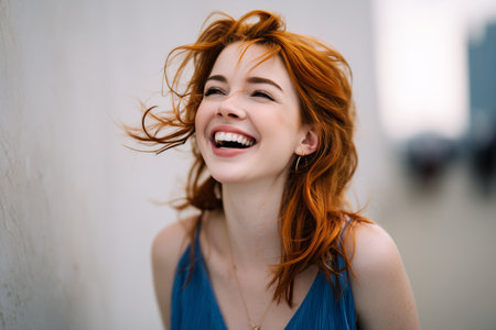 Young woman with vibrant red hair laughs joyfully while standing outdoors on a sunny day. The urban background enhances her cheerful expression and lively spirit.の素材