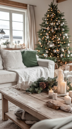 A warm living room features a stylish couch, a beautifully decorated Christmas tree, and an elegant coffee table adorned with candles and greenery, creating a festive atmosphere.の素材