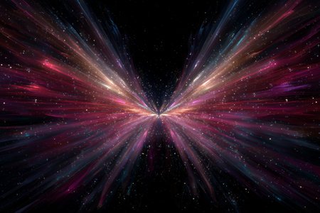 Colorful rays of light in purple, blue, and pink radiate outward, resembling a butterfly shape. This mesmerizing display creates a captivating atmosphere in a dark background.の素材