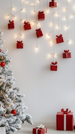 Cheerful holiday decorations fill the space, featuring a green Christmas tree adorned with lights and ornaments.の素材
