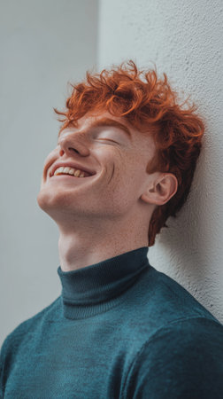 A cheerful young man with curly red hair shows a bright smile while leaning against a white wall. His relaxed posture and joyful expression reflect a happy moment in the day.の素材