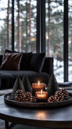 Warm candles illuminate a stylish winter setting with pine cones and decorative trees on a table. Snowy scenery is visible through large windows, creating a tranquil atmosphere.の素材