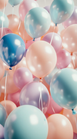 Bright balloons in shades of pink, blue, and yellow float against a clear blue sky. Their cheerful colors create a festive atmosphere for a special event outdoors.の素材