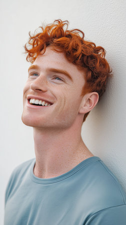 A cheerful young man with curly red hair shows a bright smile while leaning against a white wall. His relaxed posture and joyful expression reflect a happy moment in the day.の素材