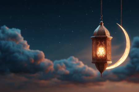 A beautifully designed lantern hangs from a crescent moon, casting a warm glow. Soft clouds drift in the dark sky, creating a serene nighttime scene filled with tranquility.の素材