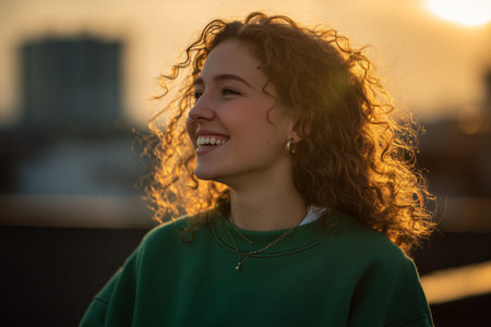 A young woman with natural curly hair stands outdoors, smiling as the sun sets behind city buildings. The warm light adds a golden glow, creating a joyful atmosphere.の素材