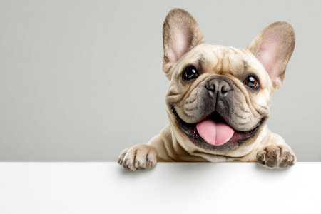 A happy French Bulldog with a light coat tan leans over a white table. The dogs mouth is open in a smile, showing its cheerful personality in a cozy indoor setting.の素材