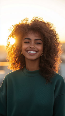 A young woman with curly hair stands on a bustling city street at sunset, wearing a green hoodie. She smiles broadly while people and cars move in the background.の素材