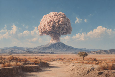 A volcano erupts, sending a large cloud of ash and smoke into the sky. The surrounding area is dry and desolate, with a lone tree visible in the foreground.の素材