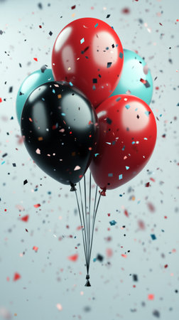 Bright red, black, and blue balloons float upward as colorful confetti falls around them, creating a joyful atmosphere during a party or celebration.の素材
