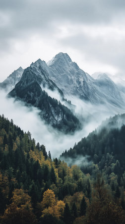 Tall mountains tower over low-lying clouds and mist, while vibrant autumn trees add splashes of color to the serene valley below. Nature showcases its beauty in a quiet setting.の素材