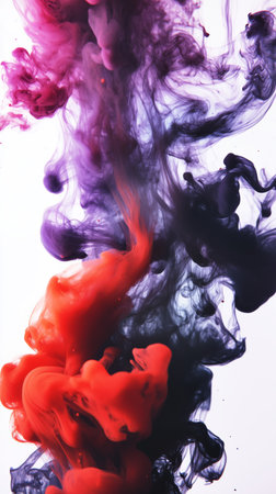 Colorful swirls of purple, red, and black blend together, forming beautiful abstract patterns against a light background. The vibrant colors create a striking visual feast.の素材