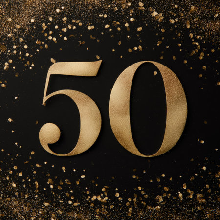 Gold glitter number fifty stands out against a black background with scattered golden sparkles, perfect for a celebration or milestone event.の素材