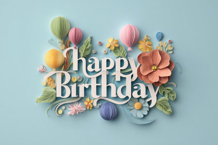 Brightly colored decorations feature flowers, balloons, and a joyful message for a birthday celebration. The arrangement creates a cheerful and festive atmosphere for any birthday party. Details matter.の素材