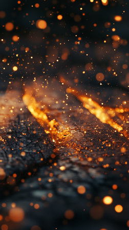 Warm orange embers dance in the air against a dark forest backdrop during a late evening bonfire, creating a magical atmosphere filled with glowing light and sparks. Details matter.の素材