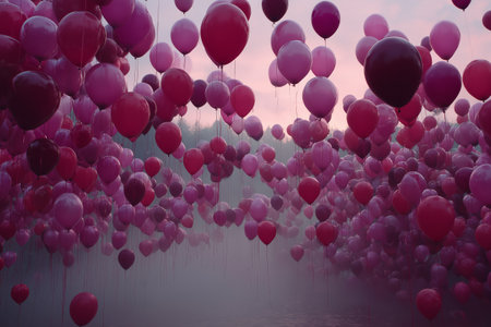 Vibrant balloons in shades of pink, purple, and burgundy drift against a bright blue sky. This lively scene captures the feeling of celebration during an outdoor gathering. Details matter.の素材