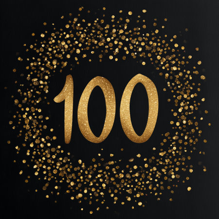 A vibrant display shows the number one hundred in gold glitter, surrounded by a black background with sparkling gold dots for a celebratory feel at a special event. Details matter.の素材
