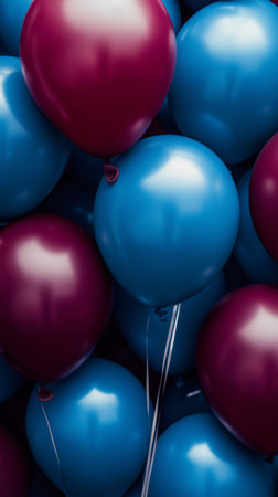 Bright blue and maroon balloons create a lively and cheerful scene, perfect for a party or special event. The playful arrangement adds energy and excitement to the setting.の素材