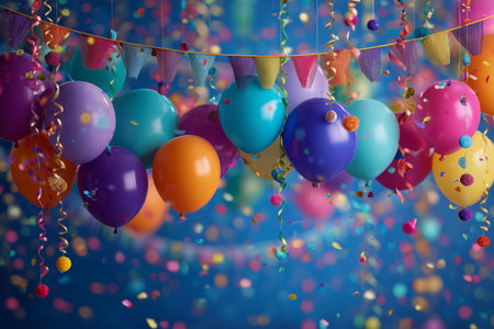 Bright balloons in various colors hang above, surrounded by colorful confetti falling against a blue background, creating a festive and cheerful atmosphere for a celebration.の素材