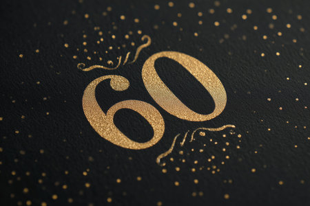 A black background adorned with gold sparkles showcases the number 60, symbolizing a milestone birthday or anniversary. This festive setting invites joy and reflection. Details matter.の素材