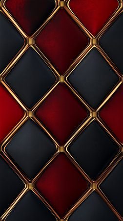 Colorful geometric shapes in red, black, and gold form an eye-catching decorative pattern on a textured background. This design adds a stylish touch to any space. Details matter.の素材