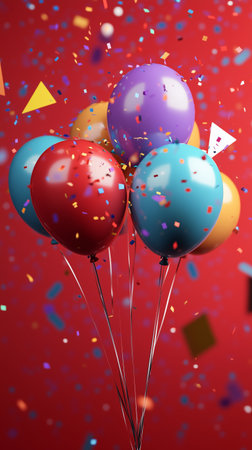 Brightly colored balloons rise against a red background, accompanied by scattered confetti in various shapes, creating a joyful atmosphere for a celebration.の素材