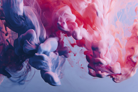 Bright hues of pink and blue blend together in swirling patterns as ink disperses in water. This mesmerizing scene captures the beauty of fluid dynamics and color interaction.の素材