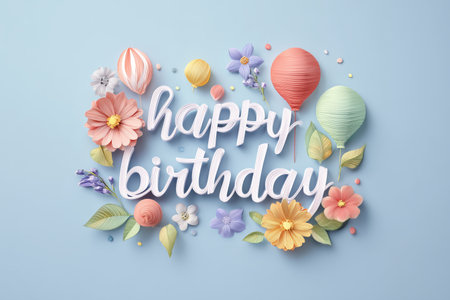 Brightly colored decorations feature flowers, balloons, and a joyful message for a birthday celebration. The arrangement creates a cheerful and festive atmosphere for any birthday party.の素材
