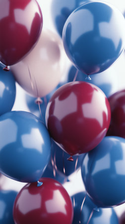 Balloons in vibrant shades of blue, red, and silver are clustered together, creating a cheerful atmosphere for a party or celebration.の素材