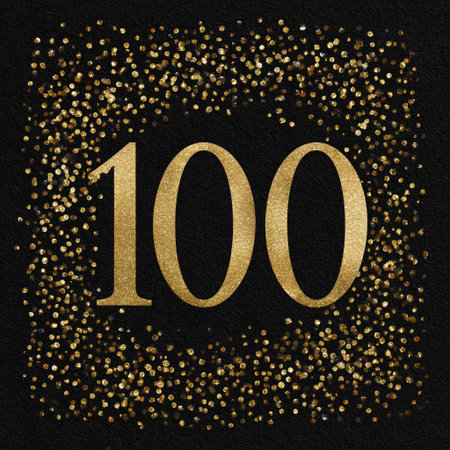 A vibrant display shows the number one hundred in gold glitter, surrounded by a black background with sparkling gold dots for a celebratory feel at a special event.の素材