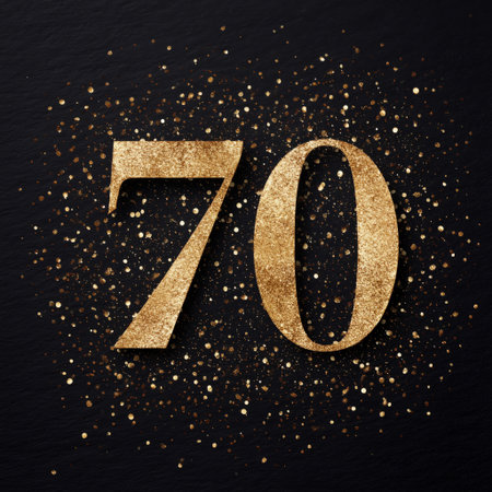 Golden number 70 shines brightly against a dark background, surrounded by shimmering confetti, perfect for a birthday celebration. This festive design creates a joyful atmosphere.の素材