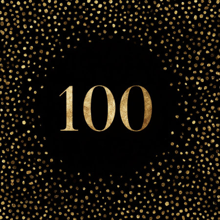 Gold number 100 stands out against a black background sprinkled with golden sparkles, symbolizing a significant achievement or milestone. Details matter.の素材