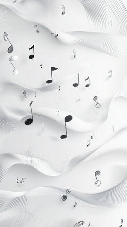 A collection of black musical notes hovers above graceful white waves in a calm and serene environment. This composition evokes a sense of harmony and creativity.の素材