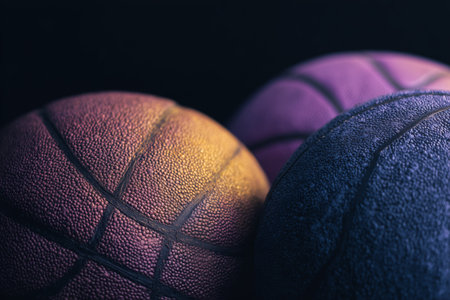 Three vibrant basketballs showcase their unique textures and colors. The dark background enhances the visual appeal and detail of the basketballs, creating an artistic display.の素材